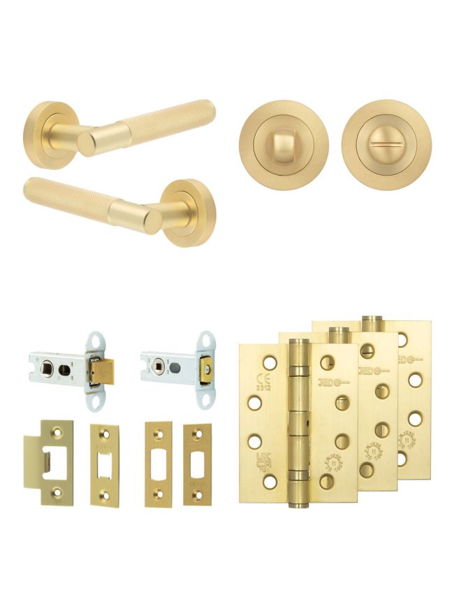 Complete Bari Door Handle Pack - Heavy Duty Tubular Bathroom (Standard Thumb Turn) - Satin Brass - 64mm / 4-inch Hinges - JE-D30A3-SB
