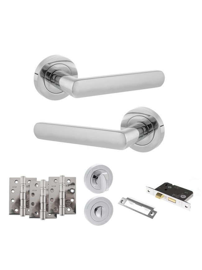 STATUS Carolina Door Handle Pack (Bathroom Set - 3" CE Bathroom Lock, 4" Fire Rated Hinges x3) - Polished Chrome
