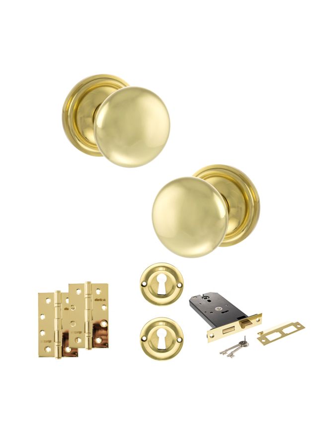 Old English Harrogate Door Knob Pack (Lock Set - Horizontal Sashlock, 4" Slim Knuckle Hinges x2) - Polished Brass
