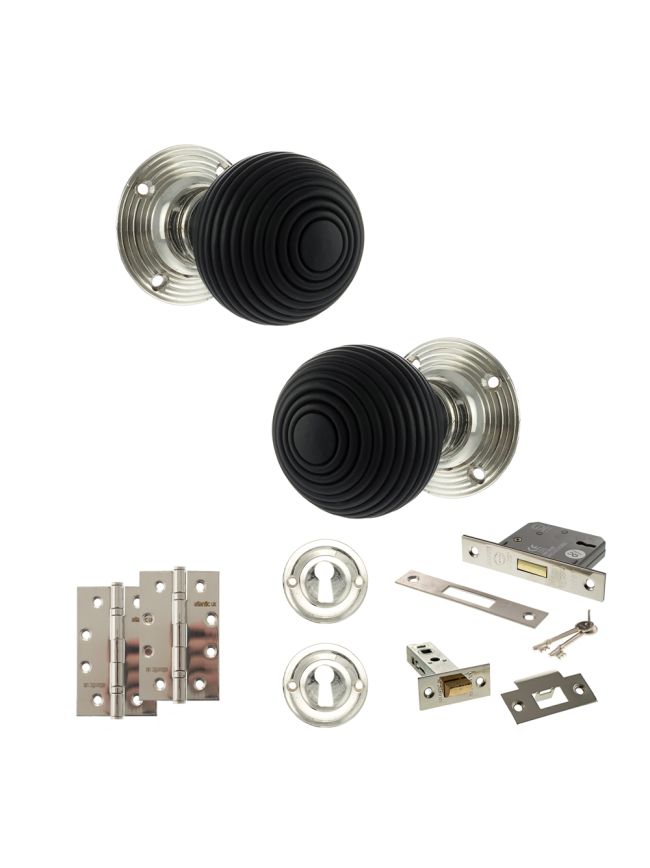 Old English Whitby Door Knob Pack (Lock Set - 3" Latch & Deadlock, 4" Slim Knuckle Hinges x2) - Polished Nickel