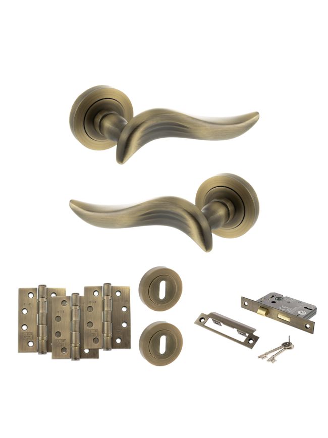 Old English Oxford Door Handle Pack (3 Lever Lock Set - 3" CE Sashlock, 4" Fire Rated Hinges x3) - Matt Antique Brass