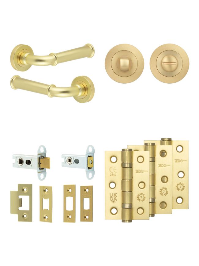 Complete Classic Door Handle Pack - Heavy Duty Tubular Bathroom (Standard Thumb Turn) - Satin Brass - 64mm / 3-inch Hinges - JE-A30B3-SB