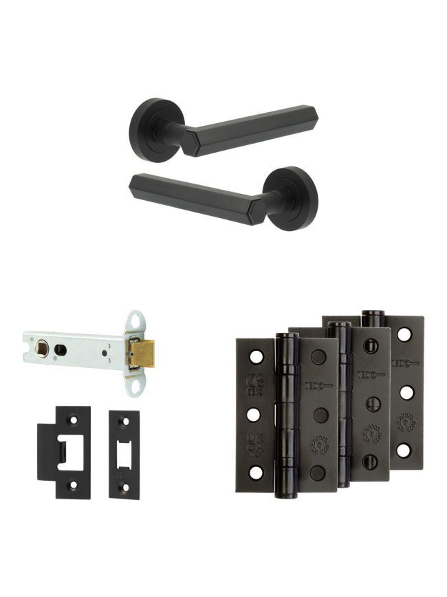 Complete Hex Door Handle Pack - Heavy Duty Latch - Matt Black - 102mm / 3-inch Hinges - JE-C22B-MB