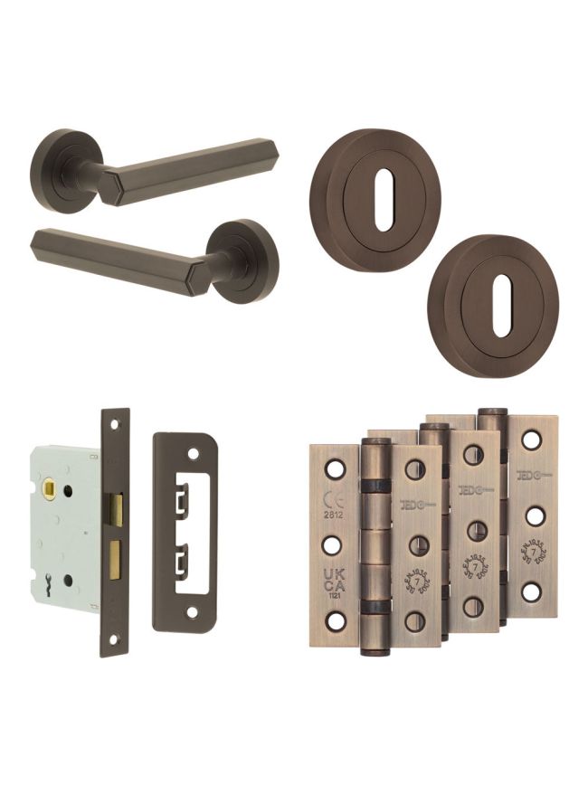 Complete Hex Door Handle Pack - Sashlock - Dark Bronze - 76mm / 3-inch Hinges - JE-C8B8-DB