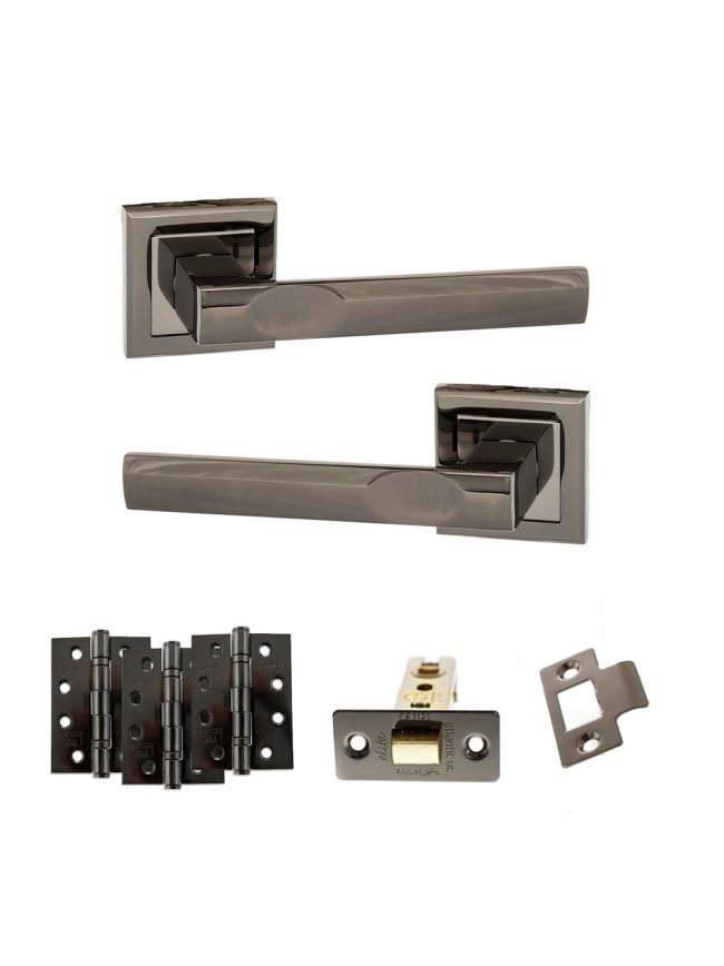 STATUS Kansas Door Handle Pack (Latch Set - 2.5" CE Latch, 4" Fire Rated Hinges x3) - Black Nickel