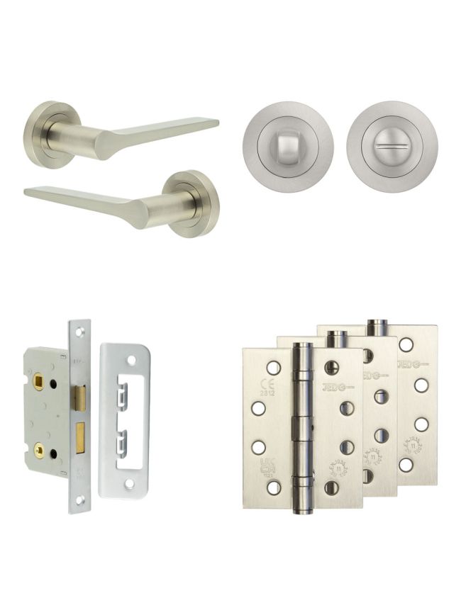 Complete Gio Door Handle Pack - Bathroom Lock (Standard Thumb Turn) - Satin Nickel - 65mm / 4-inch Hinges - JE-E5A3-SN