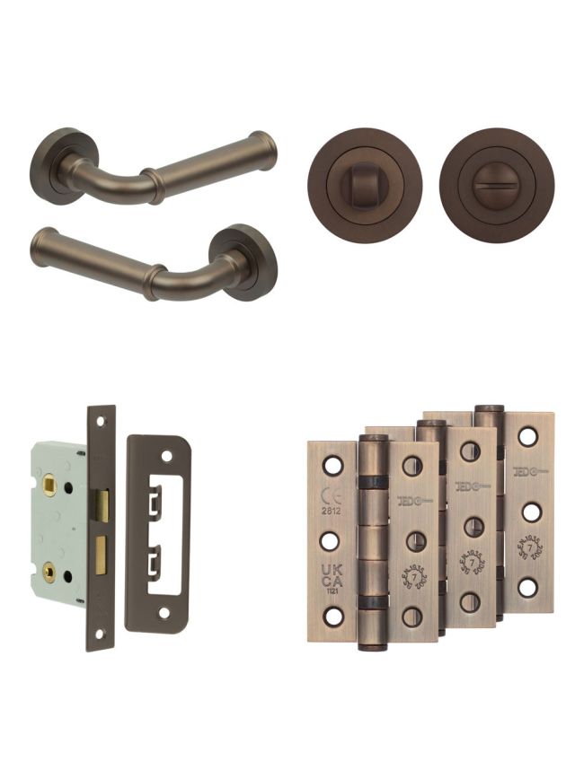 Complete Classic Door Handle Pack - Bathroom Lock (Standard Thumb Turn) - Dark Bronze - 65mm / 3-inch Hinges - JE-A5B3-DB