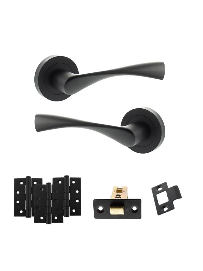 Eco Aqua Door Handle Pack (Latch Set - 2.5" CE Latch, 4" Fire Rated Hinges x3) - Matt Black