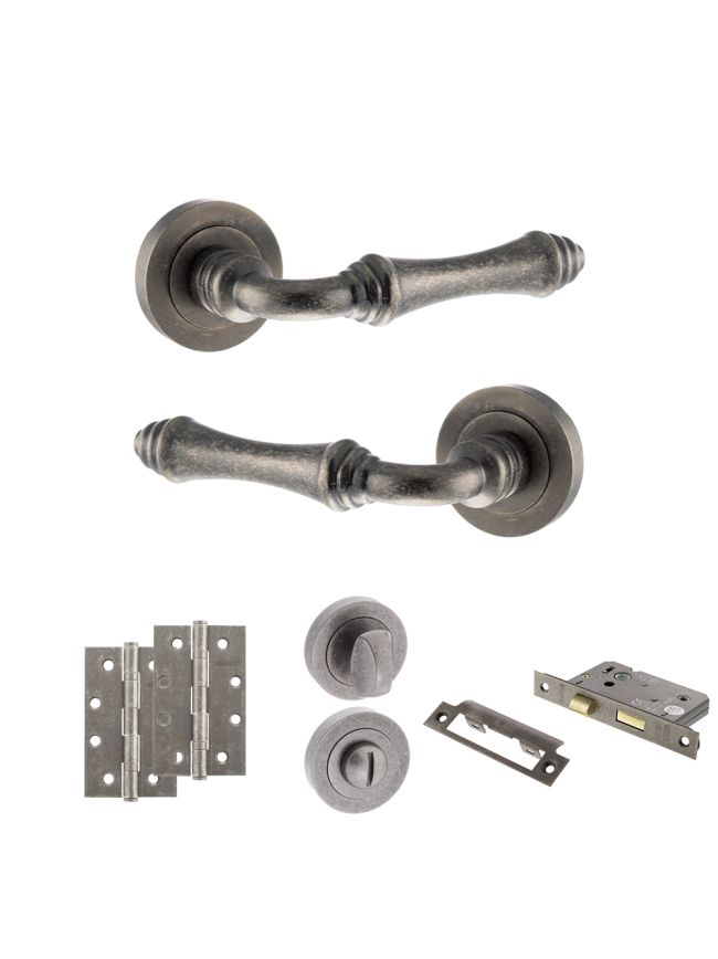 Old English Durham Door Handle Pack (Bathroom Set - 3" CE Bathroom Lock, 4" Slim Knuckle Hinges x2) - Distressed Silver
