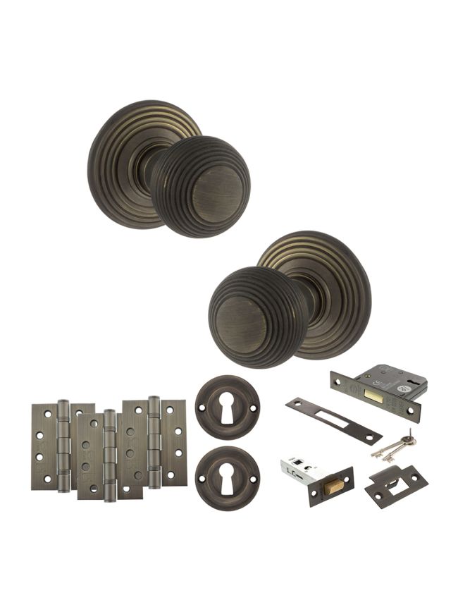 Old English Ripon Door Knob Pack (Lock Set - 3" Latch & Deadlock, 4" Fire Rated Hinges x3) - Urban Bronze
