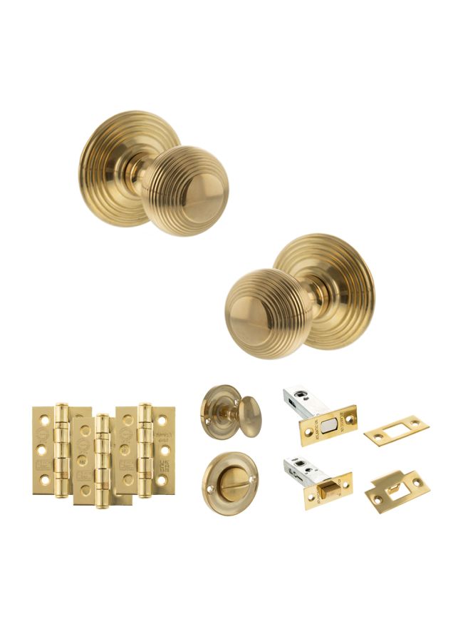 Old English Ripon Door Knob Pack (Bathroom Set - 4" Deadbolt, 3" Fire Rated Hinges x3) - Raw Brass