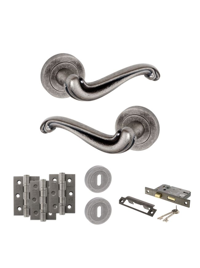 Old English Colchester Door Handle Pack (3 Lever Lock Set - 3" CE Sashlock, 3" Fire Rated Hinges x3) - Distressed Silver