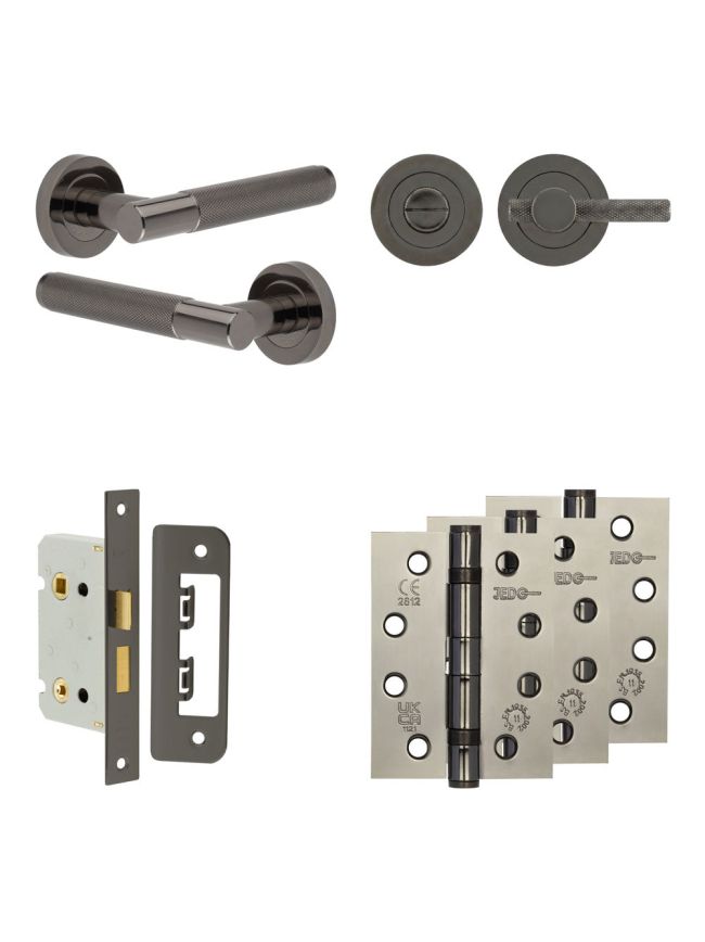 Complete Bari Door Handle Pack - Bathroom Lock (Knurled Thumb Turn) - Black Nickel - 65mm / 4-inch Hinges - JE-D5A1-BN
