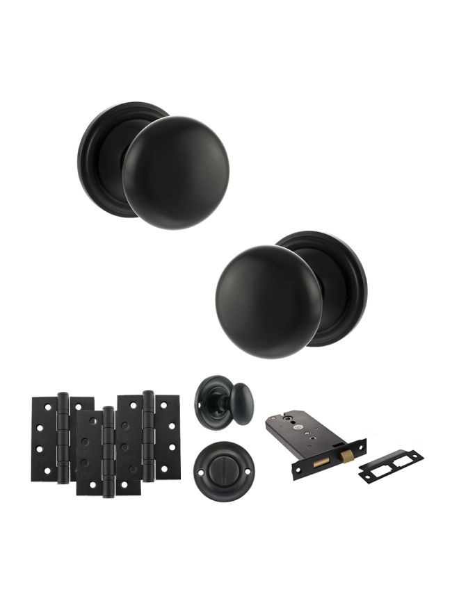 Old English Harrogate Door Knob Pack (Lock Set - Horizontal Bathlock, 4" Fire Rated Hinges x3) - Matt Black