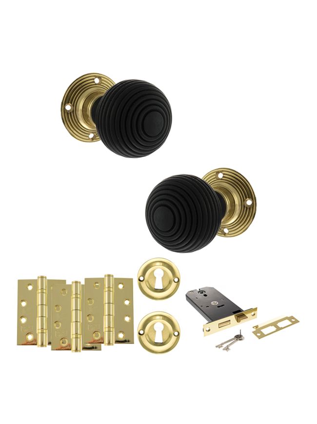 Old English Whitby Door Knob Pack (Lock Set - Horizontal Sashlock, 4" Fire Rated Hinges x3) - Polished Brass