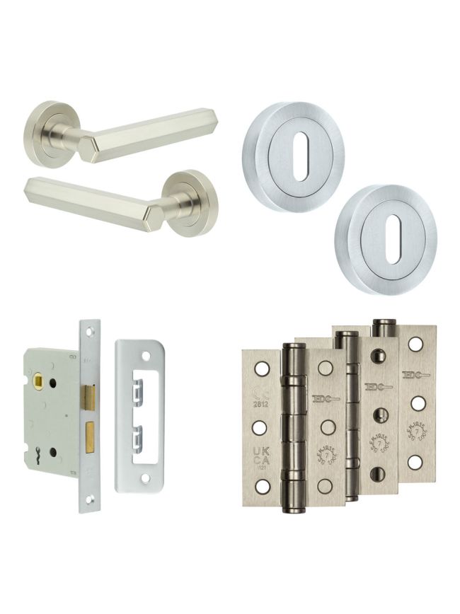 Complete Hex Door Handle Pack - Sashlock - Satin Nickel - 76mm / 3-inch Hinges - JE-C8B8-SN