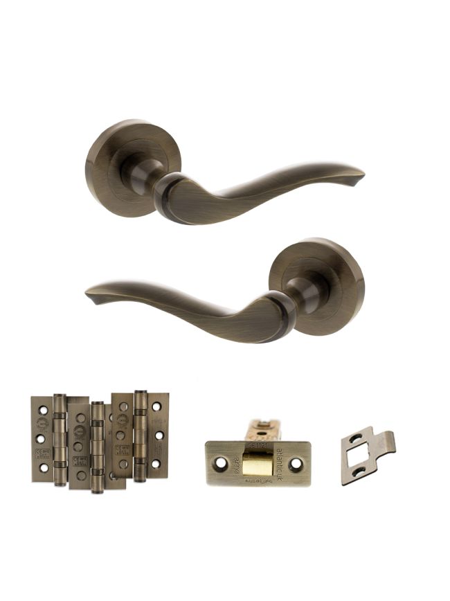 Old English Warwick Door Handle Pack (Latch Set - 3" CE Latch, 3" Fire Rated Hinges x3) - Antique Brass