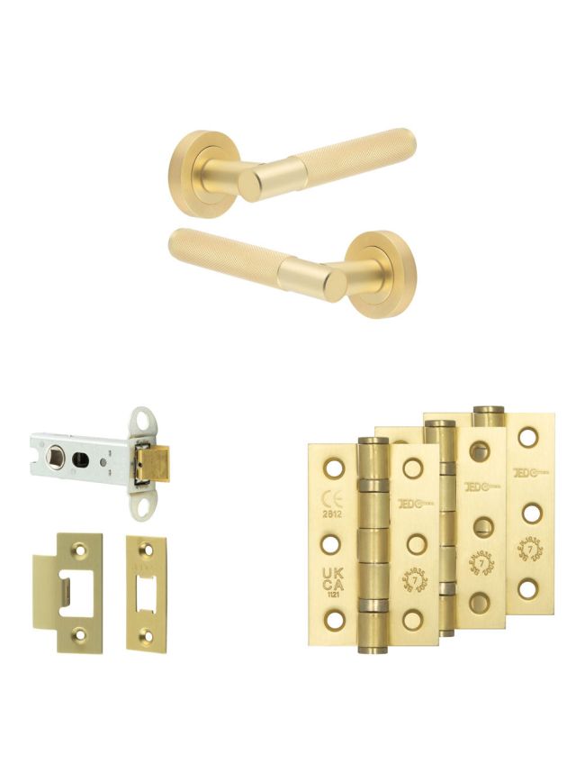 Complete Bari Door Handle Pack - Heavy Duty Latch - Satin Brass - 76mm / 3-inch Hinges - JE-D21B-SB