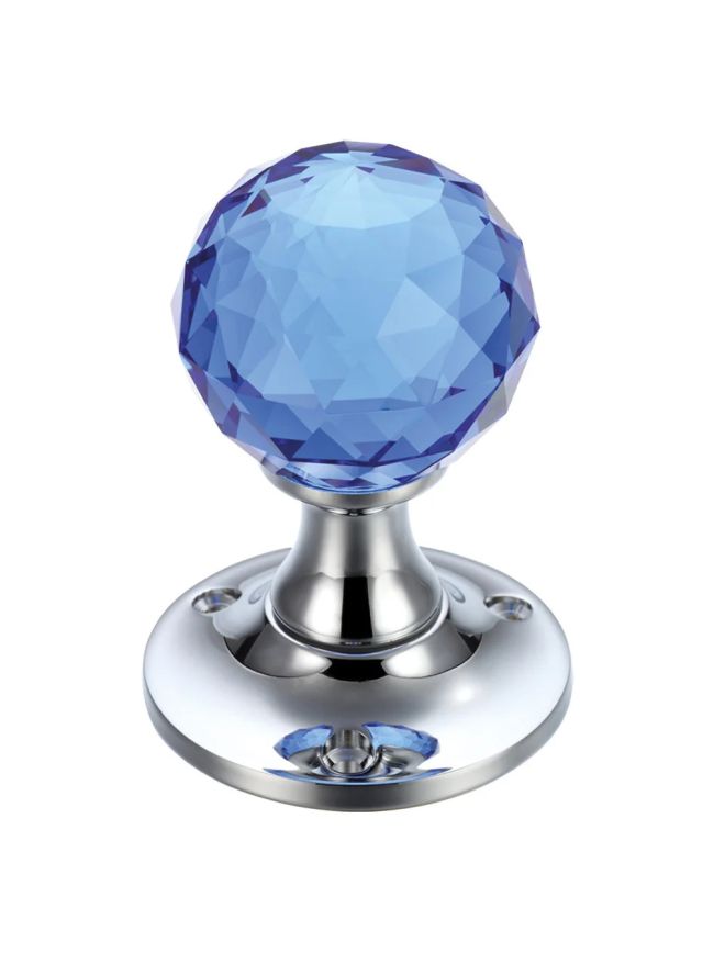 Zoo Hardware Glass Ball Mortice Knob - Facetted Clear - 50mm - Polished Chrome / Blue Glass