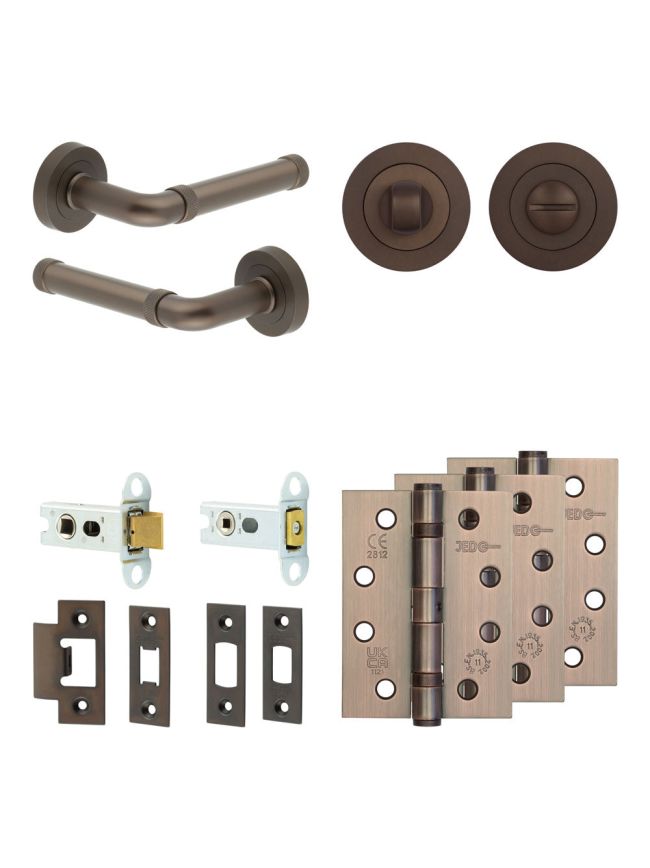 Complete Midtown Door Handle Pack - Heavy Duty Tubular Bathroom (Standard Thumb Turn) - Dark Bronze - 64mm / 4-inch Hinges - JE-G30A3-DB