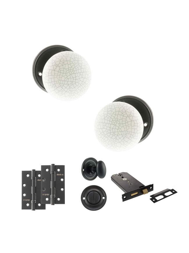 Old English Skipton Door Knob Pack (Lock Set - Horizontal Bathlock, 4" Slim Knuckle Hinges x2) - Matt Black