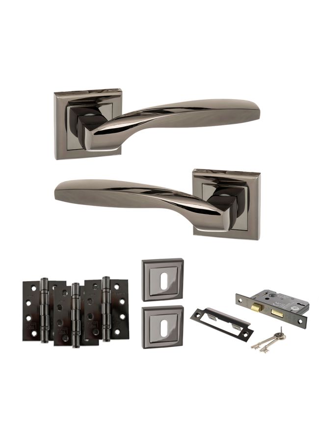 STATUS Oklahoma Door Handle Pack (3 Lever Lock Set - 3" CE Sashlock, 4" Fire Rated Hinges x3) - Black Nickel