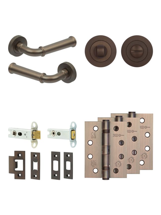 Complete Classic Door Handle Pack - Heavy Duty Tubular Bathroom (Standard Thumb Turn) - Dark Bronze - 76mm / 4-inch Hinges - JE-A31A3-DB