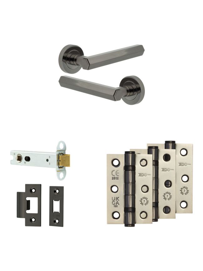 Complete Hex Door Handle Pack - Heavy Duty Latch - Black Nickel - 102mm / 3-inch Hinges - JE-C22B-BN