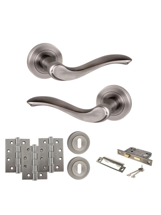 Old English Warwick Door Handle Pack (3 Lever Lock Set - 3" CE Sashlock, 4" Fire Rated Hinges x3) - Matt Gun Metal