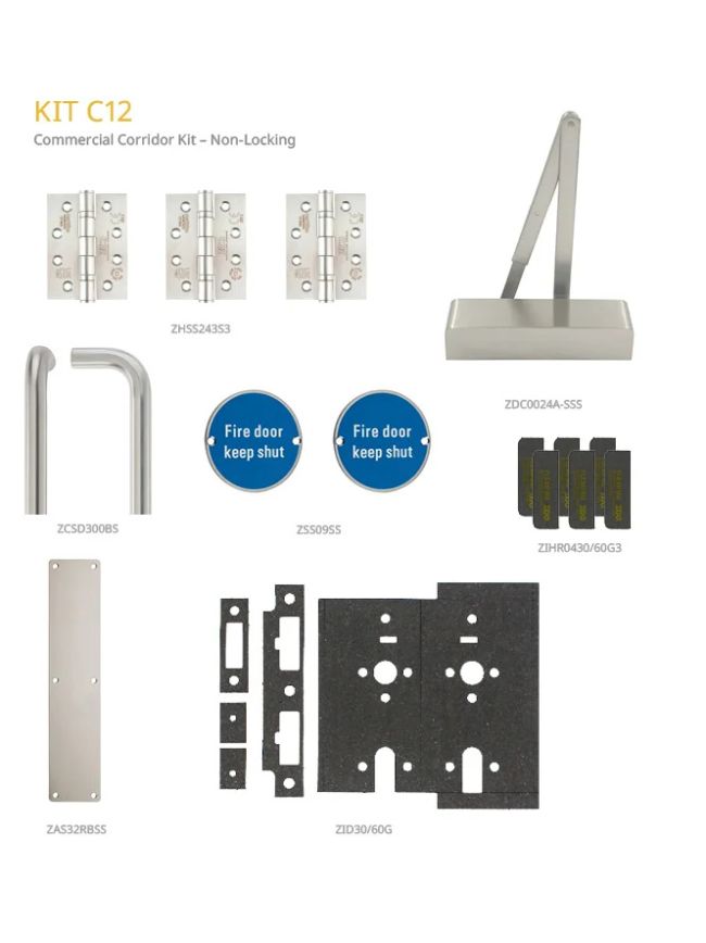 Zoo Hardware Fire Door Pack - FDP-C12-30/60 - Corridor - Non Locking - Commercial Version - Inc ZDC0024A-SSS - Stainless Steel