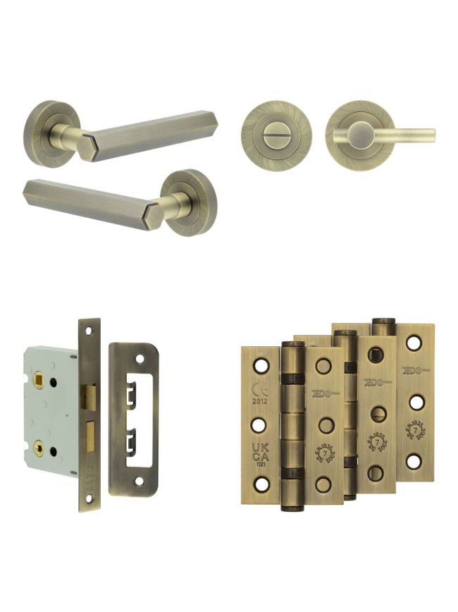 Complete Hex Door Handle Pack - Bathroom - Antique Brass - By Frelan Hardware - JE-C6B2-AB