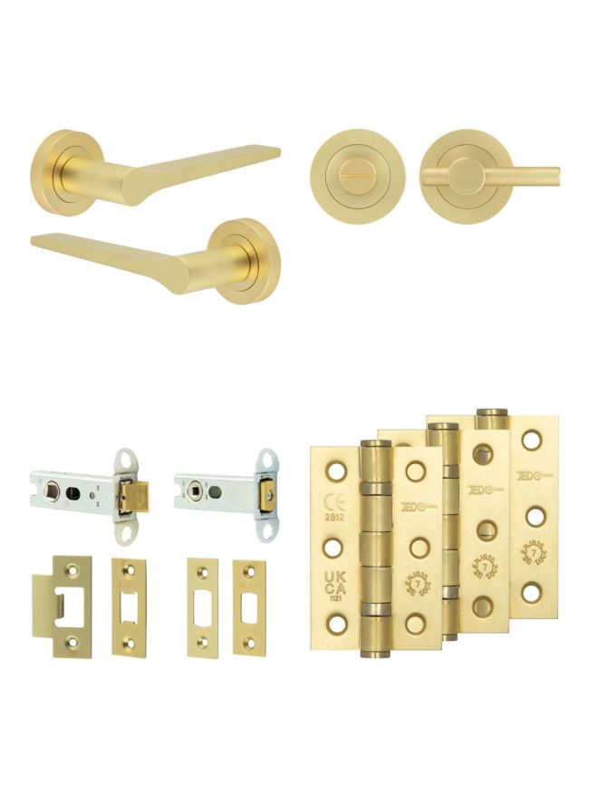 Complete Gio Door Handle Pack - Heavy Duty Tubular Bathroom (Plain Thumb Turn) - Satin Brass - 76mm / 3-inch Hinges - JE-E31B2-SB
