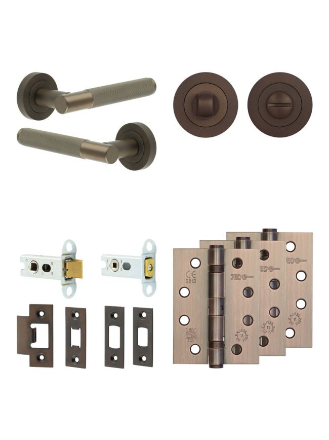 Complete Bari Door Handle Pack - Heavy Duty Tubular Bathroom (Standard Thumb Turn) - Dark Bronze - 64mm / 4-inch Hinges - JE-D30A3-DB