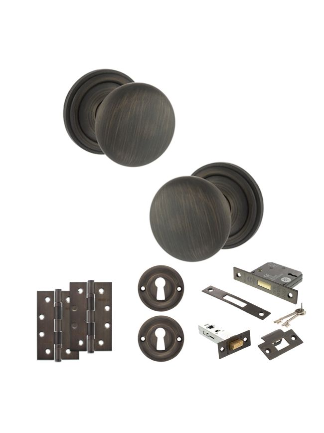 Old English Harrogate Door Knob Pack (Lock Set - 3" Latch & Deadlock, 4" Slim Knuckle Hinges x2) - Urban Bronze