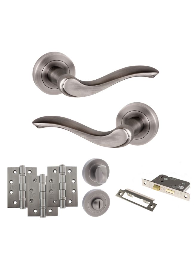 Old English Warwick Door Handle Pack (Bathroom Set - 2.5" CE Bathroom Lock, 4" Fire Rated Hinges x3) - Matt Gun Metal
