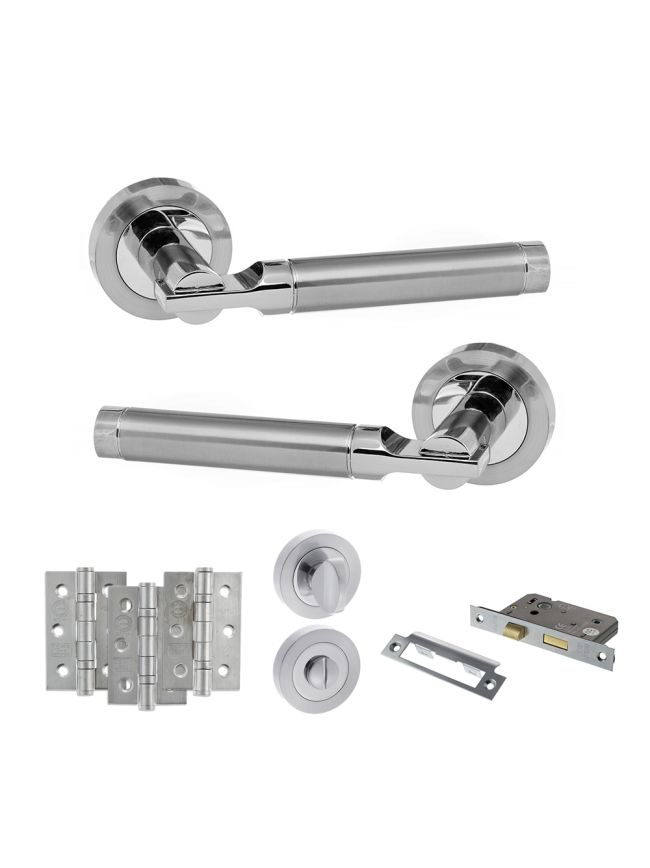 STATUS Dakota Door Handle Pack (Bathroom Set - 3" CE Bathroom Lock, 3" Fire Rated Hinges x3) - Satin Chrome/Polished Chrome