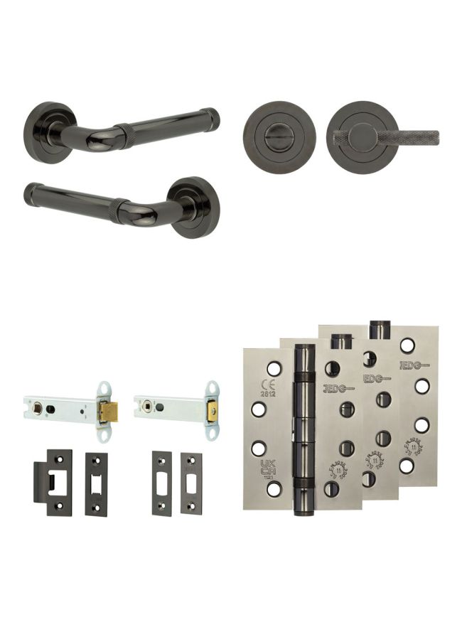 Complete Midtown Door Handle Pack - Heavy Duty Tubular Bathroom (Knurled Thumb Turn) - Black Nickel - 102mm / 4-inch Hinges - JE-G32A1-BN