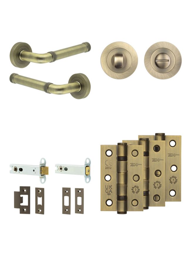 Complete Midtown Door Handle Pack - Heavy Duty Tubular Bathroom (Standard Thumb Turn) - Antique Brass - 102mm / 3-inch Hinges - JE-G32B3-AB