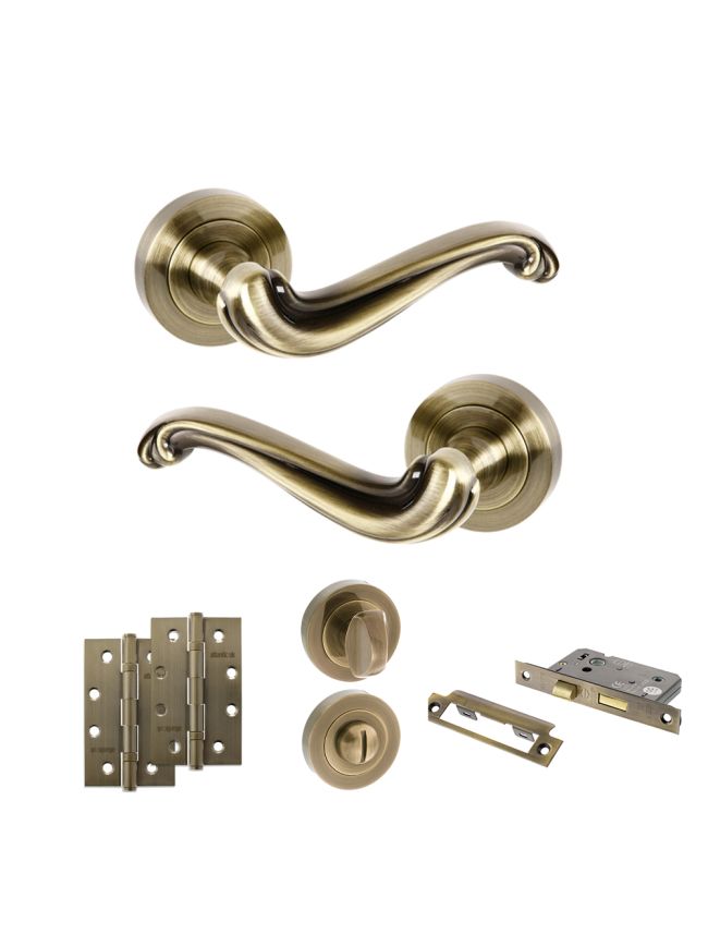 Old English Colchester Door Handle Pack (Bathroom Set - 2.5" CE Bathroom Lock, 4" Slim Knuckle Hinges x2) - Antique Brass