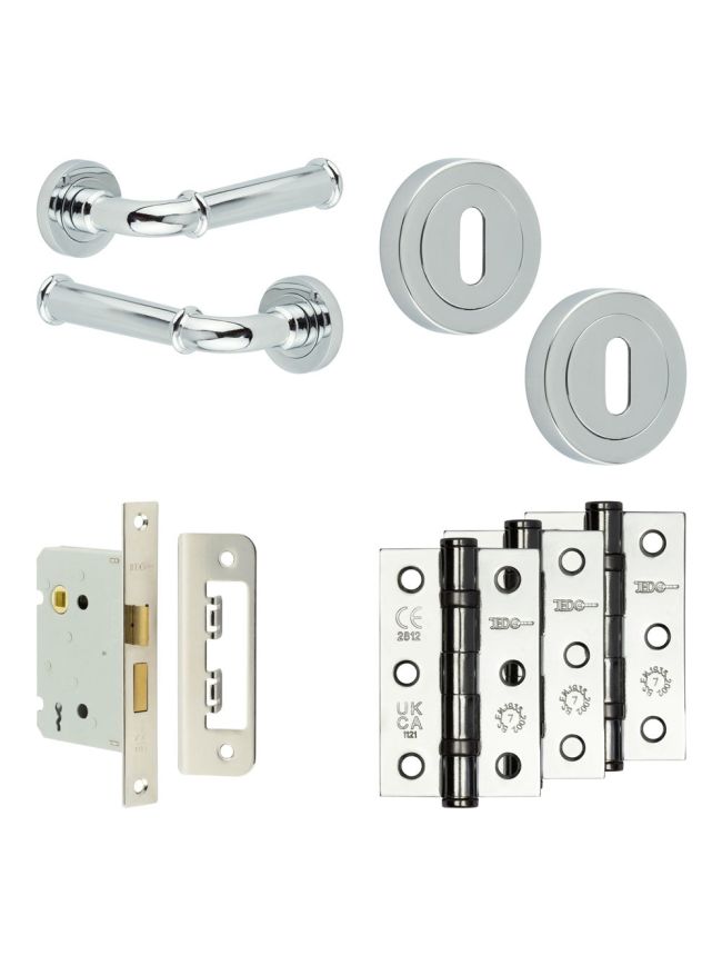 Complete Classic Door Handle Pack - Sashlock - Polished Chrome - 76mm / 3-inch Hinges - JE-A8B8-PC
