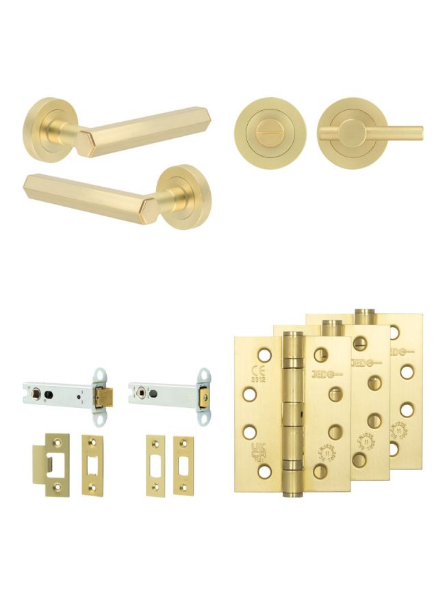 Complete Hex Door Handle Pack - Heavy Duty Tubular Bathroom (Plain Thumb Turn) - Satin Brass - 102mm / 4-inch Hinges - JE-C32A2-SB