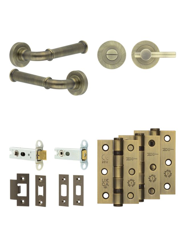Complete Classic Door Handle Pack - Heavy Duty Tubular Bathroom (Plain Thumb Turn) - Antique Brass - 76mm / 3-inch Hinges - JE-A31B2-AB