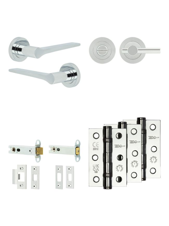 Complete Gio Door Handle Pack - Heavy Duty Tubular Bathroom (Plain Thumb Turn) - Polished Chrome - 102mm / 3-inch Hinges - JE-E32B2-PC