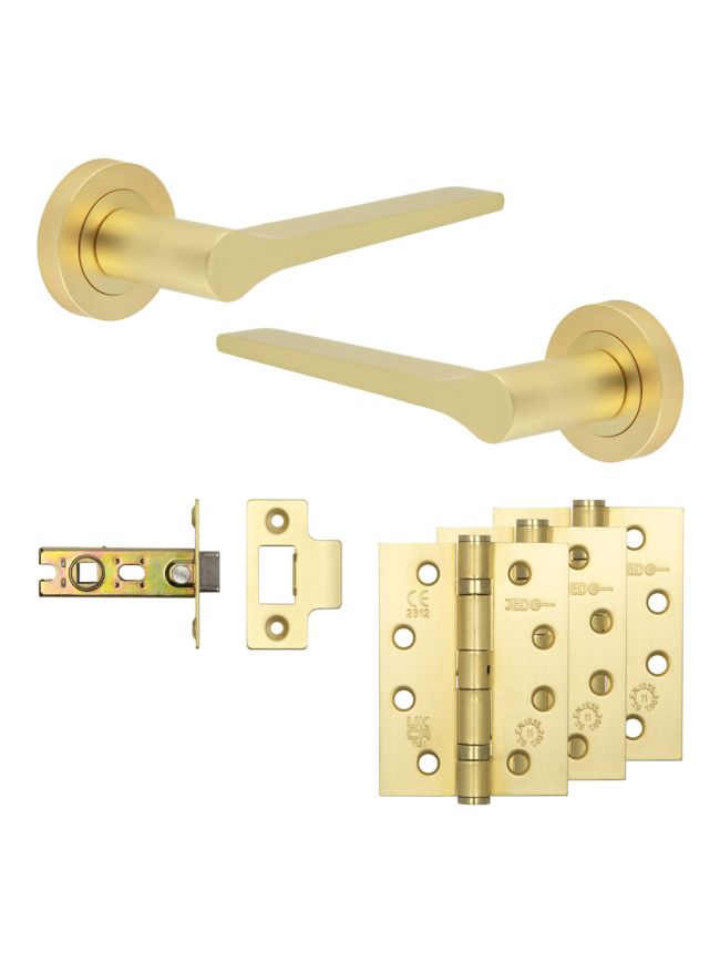 Complete Gio Door Handle Pack - Internal Doors - Satin Brass - 64mm / 4-inch Hinges - JE-E1A-SB