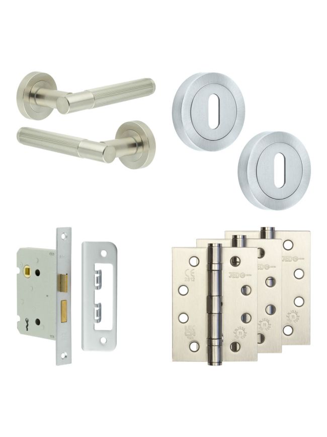 Complete Venice Door Handle Pack - Sashlock - Satin Nickel - 76mm / 4-inch Hinges - JE-F8A8-SN