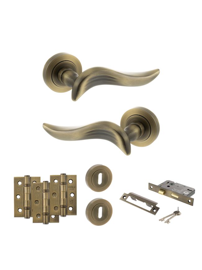 Old English Oxford Door Handle Pack (3 Lever Lock Set - 2.5" CE Sashlock, 3" Fire Rated Hinges x3) - Matt Antique Brass