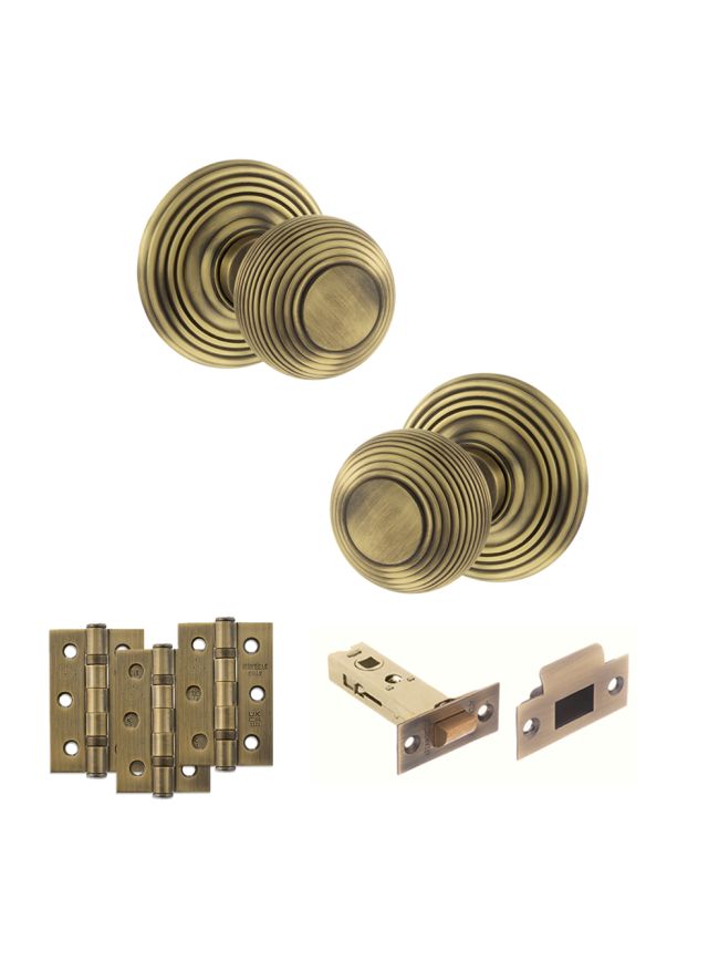 Old English Ripon Door Knob Pack (Latch Set - 3" HD Latch, 3" Fire Rated Hinges x3) - Matt Antique Brass