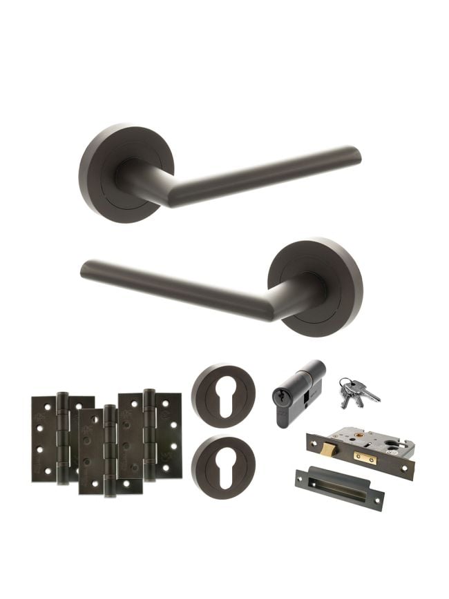 STATUS Alabama Door Handle Pack (Euro Lock Set - 3" CE Sashlock, 4" Fire Rated Hinges x3) - Urban Dark Bronze