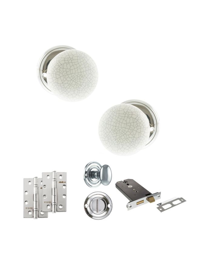 Old English Skipton Door Knob Pack (Lock Set - Horizontal Bathlock, 4" Slim Knuckle Hinges x2) - Polished Chrome