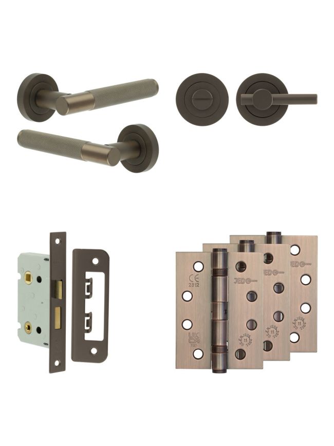 Complete Bari Door Handle Pack - Bathroom Lock (Plain Thumb Turn) - Dark Bronze - 65mm / 4-inch Hinges - JE-D5A2-DB